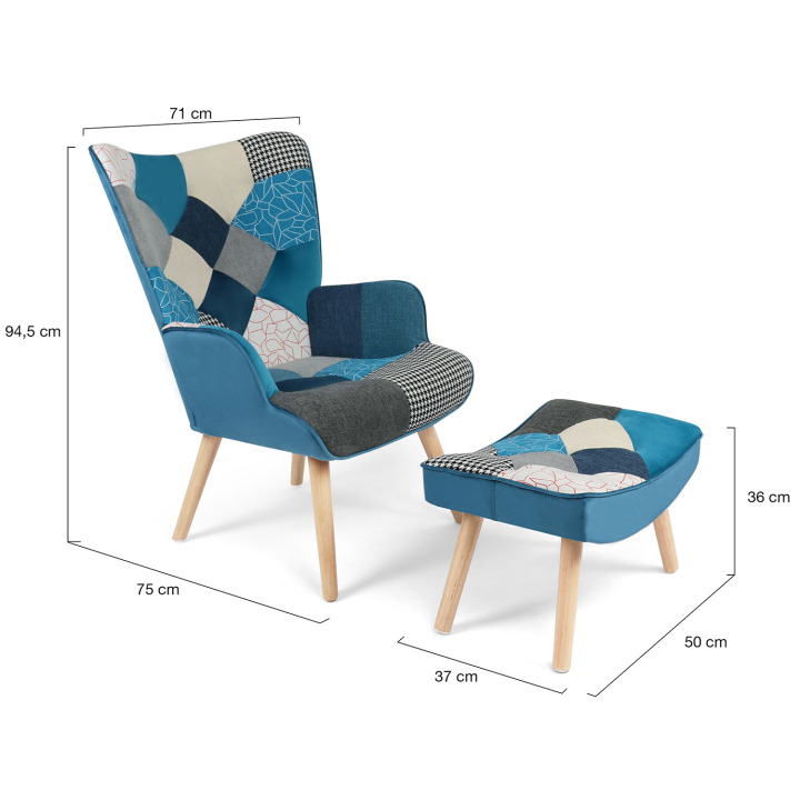 Fauteuil scandinave IVAR avec repose pieds en tissu patchwork et velours bleu Fauteuil scandinave IVAR avec repose pieds en tissu patchwork et velours bleu