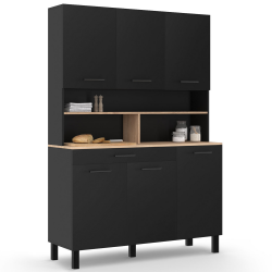 16088 - Comò nero con 6 ante, 1 cassetto e ripiani effetto faggio Buffet de cuisine 120 CM CINA 6 portes + tiroir full noir et façon hêtre