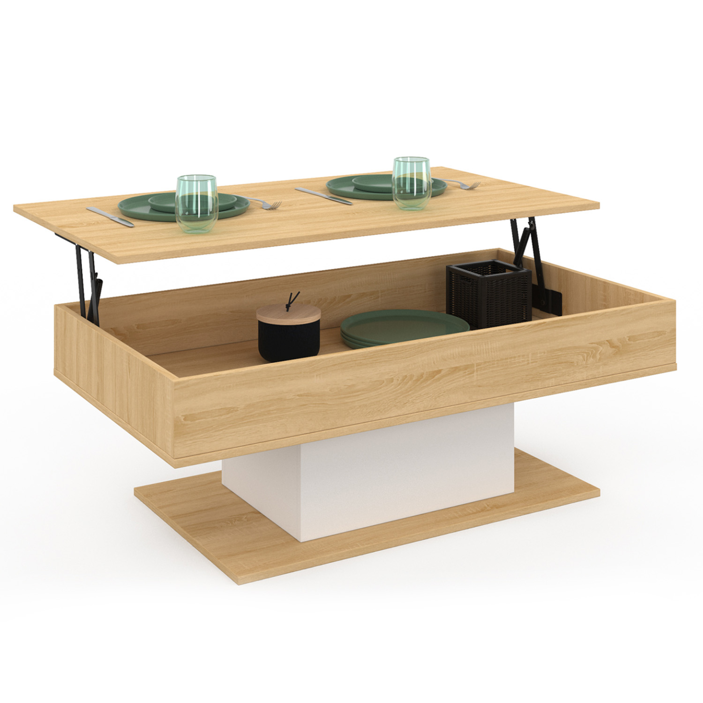 Mesa De Centro Eden Con Bandeja Elevable - Cuadrada, Madera Y Blanco, Almacenamiento, 70x70 Cm
