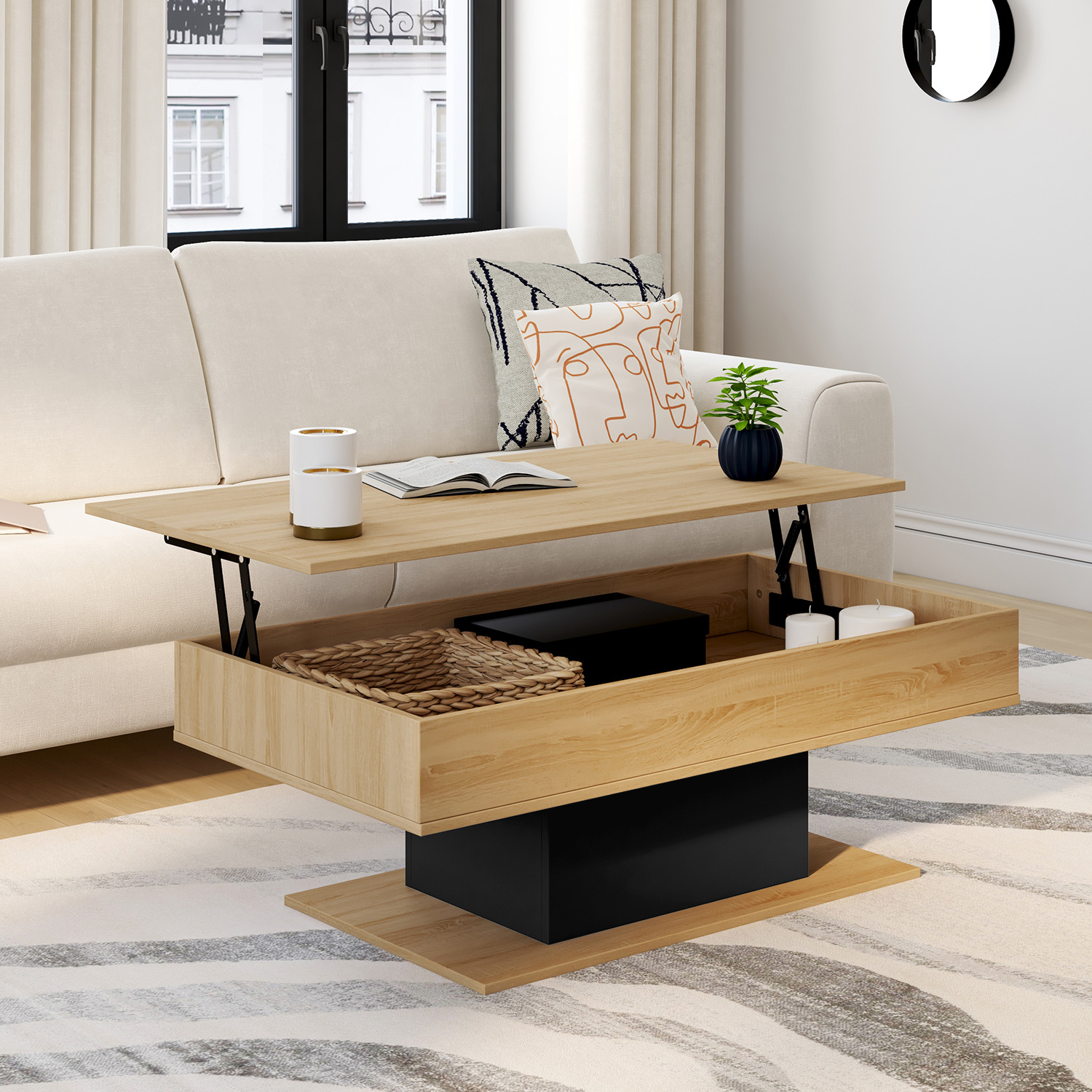 Table de salon relevable bois et noir