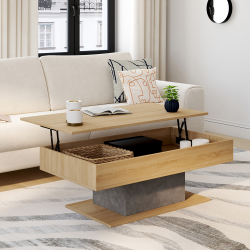 16089 - Tavolino rettangolare effetto legno e cemento con piano sollevabile Table basse plateau relevable EDEN bois et effet béton