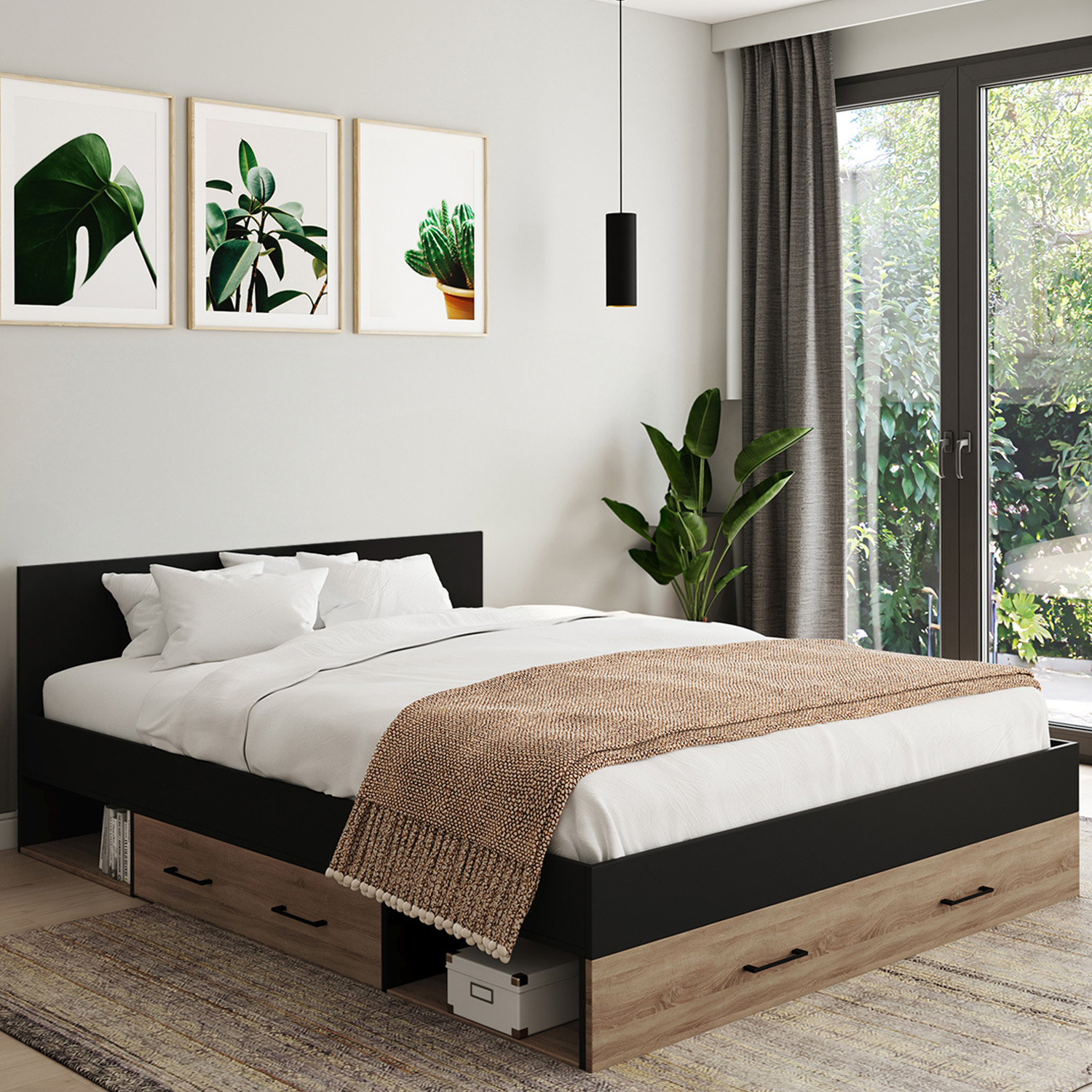 Lit double avec rangement 140x190 cm avec tête de lit hêtre et noir