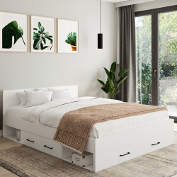 15935 - Letto matrimoniale bianco 140x190 cm con testiera e contenitore Lit double MINEA avec tiroirs + niches de rangement et sommier 140x190cm blanc
