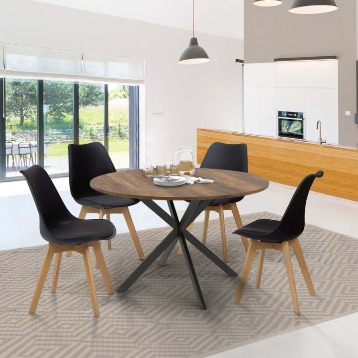 Table à manger ronde ALIX plateau HAWKINS 4-6 personnes pied araignée bois foncé et noir Table à manger ronde ALIX plateau HAWKINS 4-6 personnes pied araignée bois foncé et noir
