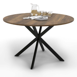 16094 - Tavolo da pranzo rotondo in legno scuro e nero 110 cm Table à manger ronde ALIX plateau HAWKINS 4-6 personnes pied araignée bois foncé et noir