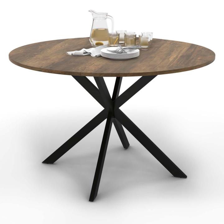 Table à manger ronde ALIX plateau HAWKINS 4-6 personnes pied araignée bois foncé et noir Table à manger ronde ALIX plateau HAWKINS 4-6 personnes pied araignée bois foncé et noir
