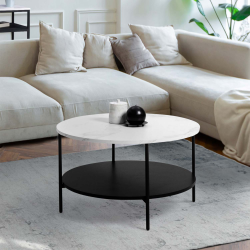 16092 - Ronde salontafel met dubbel blad 70 cm Table basse ronde double plateau ALASKA effet marbre et bois noir 70 cm