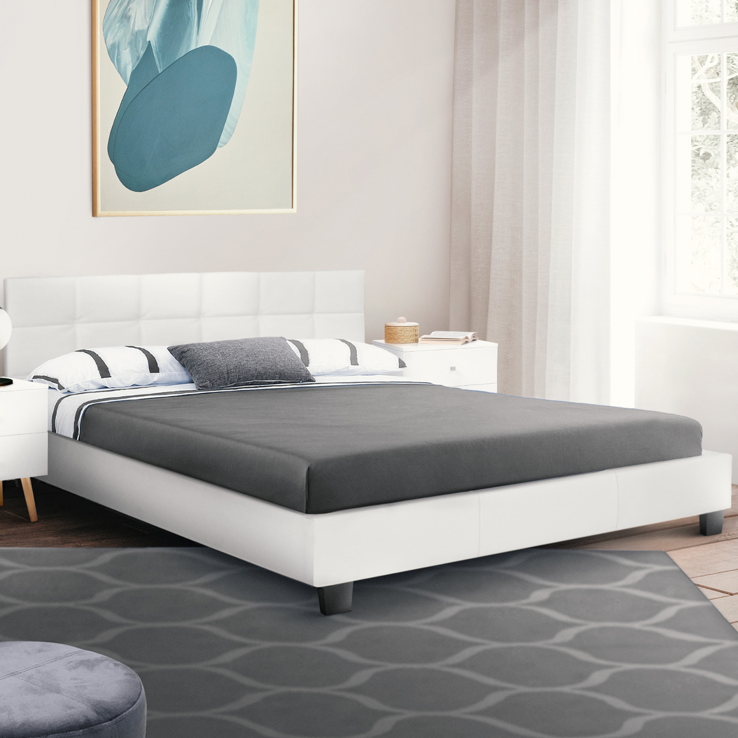 Lit double avec sommier PVC blanc 160x200cm
