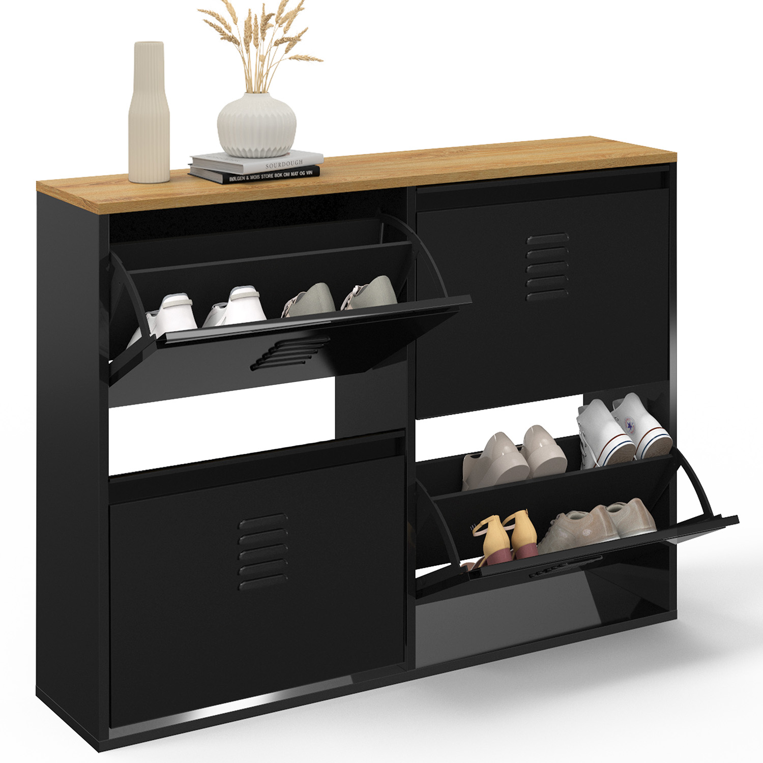 Meuble à chaussures industriel 20 paires 4 portes métalliques plateau bois