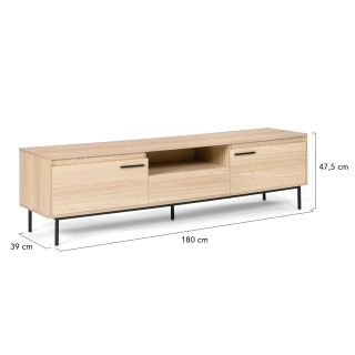 Meuble TV Contemporain 180x40x50 Cm - Avec éclairage LED Bluetooth, Portes Vitrées, Pieds Dorés - Blanc