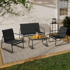 Salon de jardin bas MALAGA 4 places avec canapé, fauteuils et table noir et bois