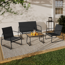 15790 - Set di mobili da giardino bassi a 4 posti, tavolo nero e legno Salon de jardin bas MALAGA 4 places avec canapé, fauteuils et table noir et bois