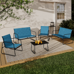 15791 - Set di mobili da giardino bassi a 6 posti blu anatra Salon de jardin bas MALAGA 6 places avec canapé, fauteuils et table bleu canard