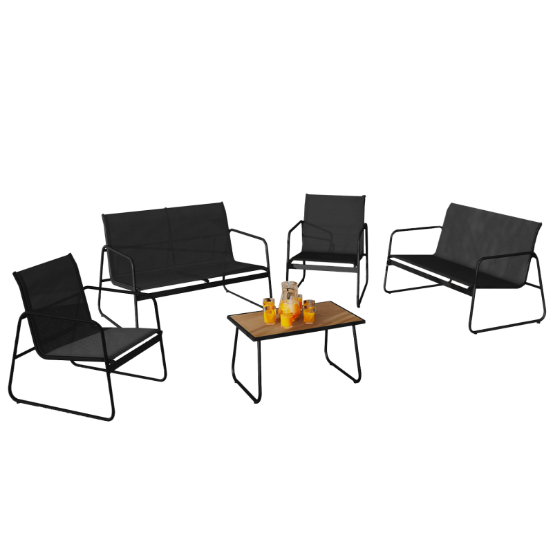 Salon de jardin bas MALAGA 6 places avec canap&eacute;, fauteuils et table noir et bois