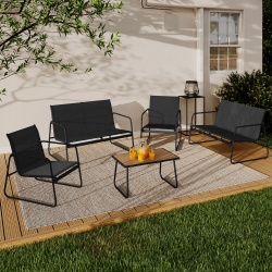 15792 - Set di mobili da giardino bassi 6 posti tavolo nero e legno Salon de jardin bas MALAGA 6 places avec canapé, fauteuils et table noir et bois