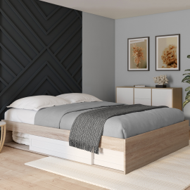 Cadre de lit SALEM avec rangements et sommier 160 x 200 cm effet bois et blanc