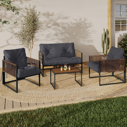 15114 - Set di mobili da giardino bassi a 4 posti in acciaio grigio e cordame marrone Salon de jardin bas RIO structure métal + cordage 4 places avec coussin gris