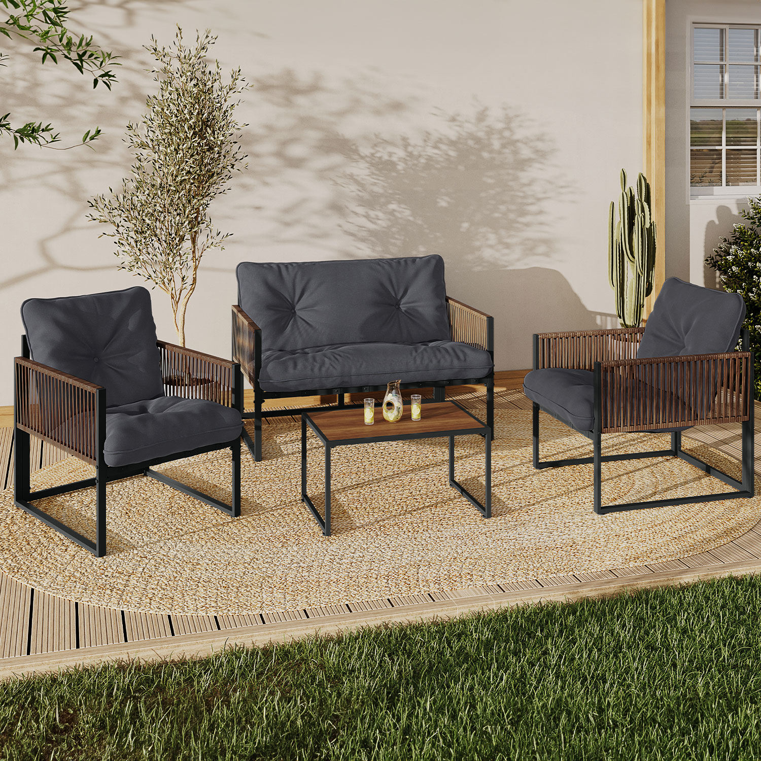 Salon de jardin bas 4 places acier gris et cordage marron