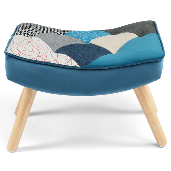 Fauteuil scandinave IVAR avec repose pieds en tissu patchwork et velours bleu Fauteuil scandinave IVAR avec repose pieds en tissu patchwork et velours bleu