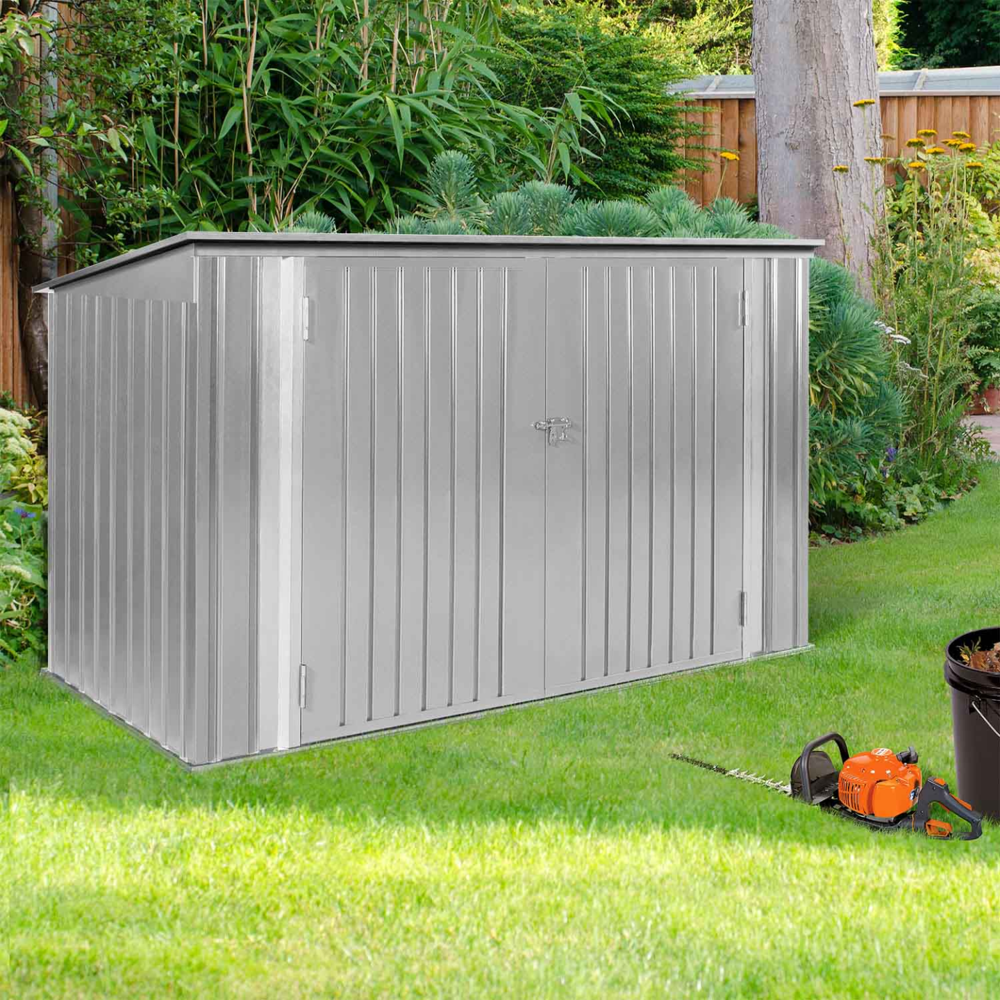 Abri de jardin en métal gris clair verrouillable multi-rangement stockage  vélos, outils, poubelles
