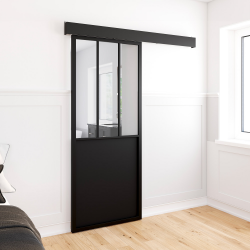 15946 - Kit di porte scorrevoli in vetro industriale in nero e vetro temperato Kit porte coulissante verrière 83 cm en métal + MDF avec rail et fixations