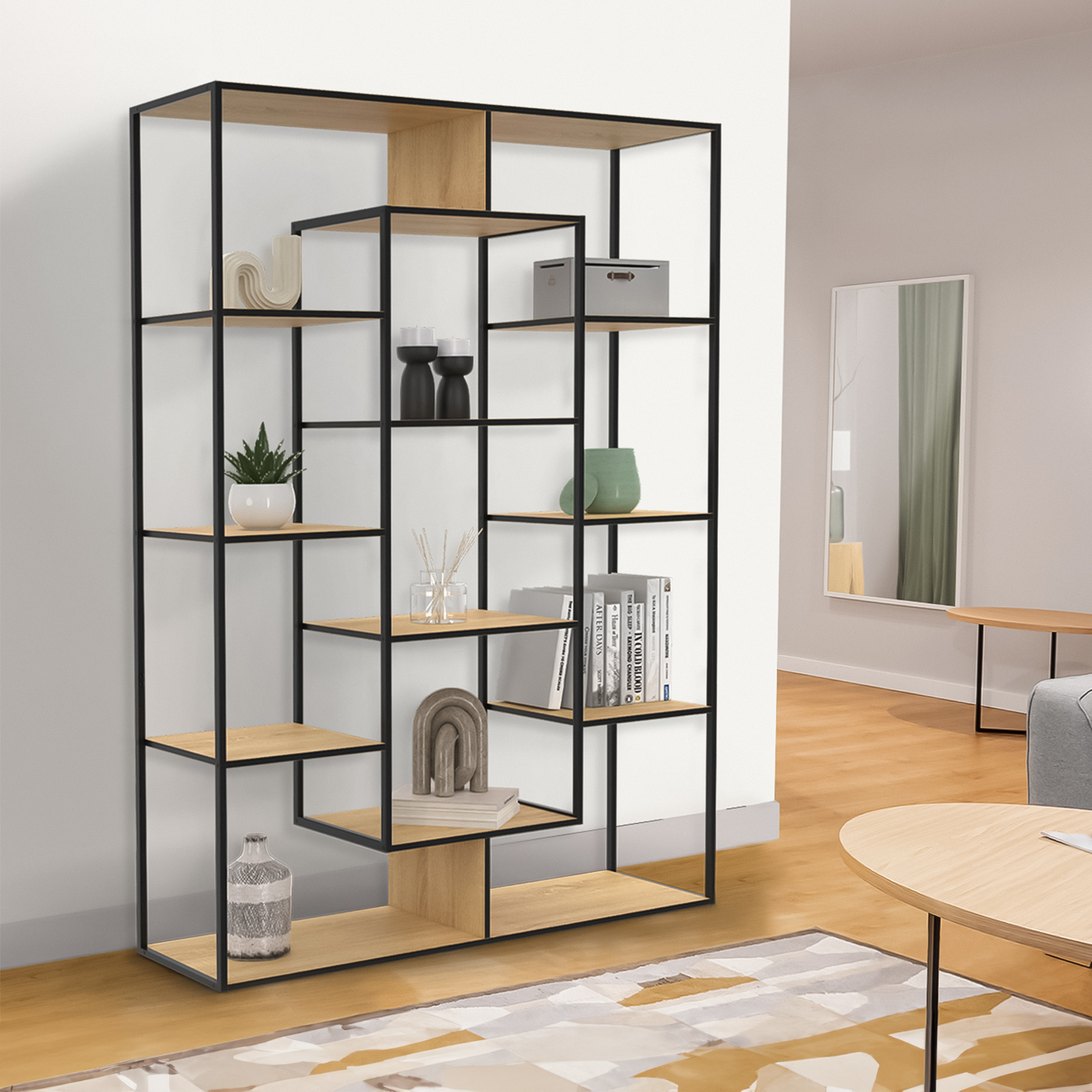 Étagère bibliothèque bois et métal 143 cm 11 compartiments style industriel