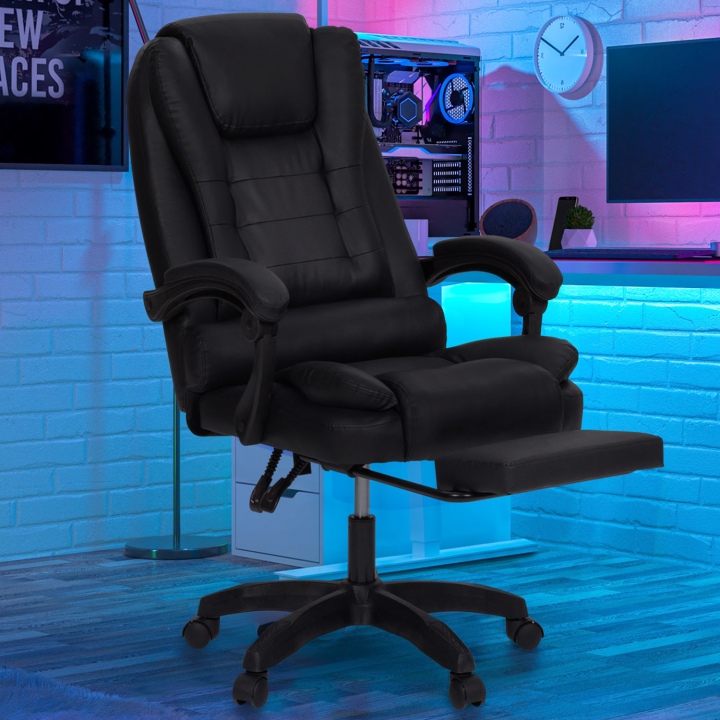 Fauteuil de gaming bureau JIM, avec assise rembourrée grand confort et repose-pied noir Fauteuil de gaming bureau JIM, avec assise rembourrée grand confort et repose-pied noir