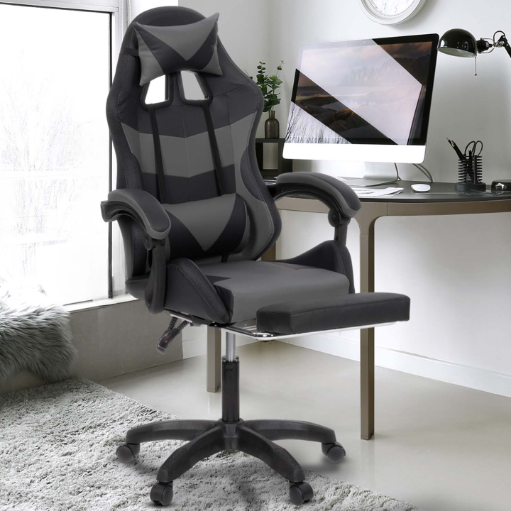 Fauteuil de gaming LED LUC avec repose-pied, coussin de tête et support lombaire noir et gris Fauteuil de gaming LED LUC avec repose-pied, coussin de tête et support lombaire noir et gris
