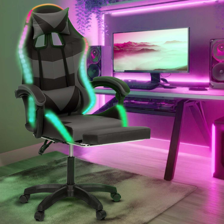 Fauteuil de gaming LED LUC avec repose-pied, coussin de tête et support lombaire noir et gris Fauteuil de gaming LED LUC avec repose-pied, coussin de tête et support lombaire noir et gris