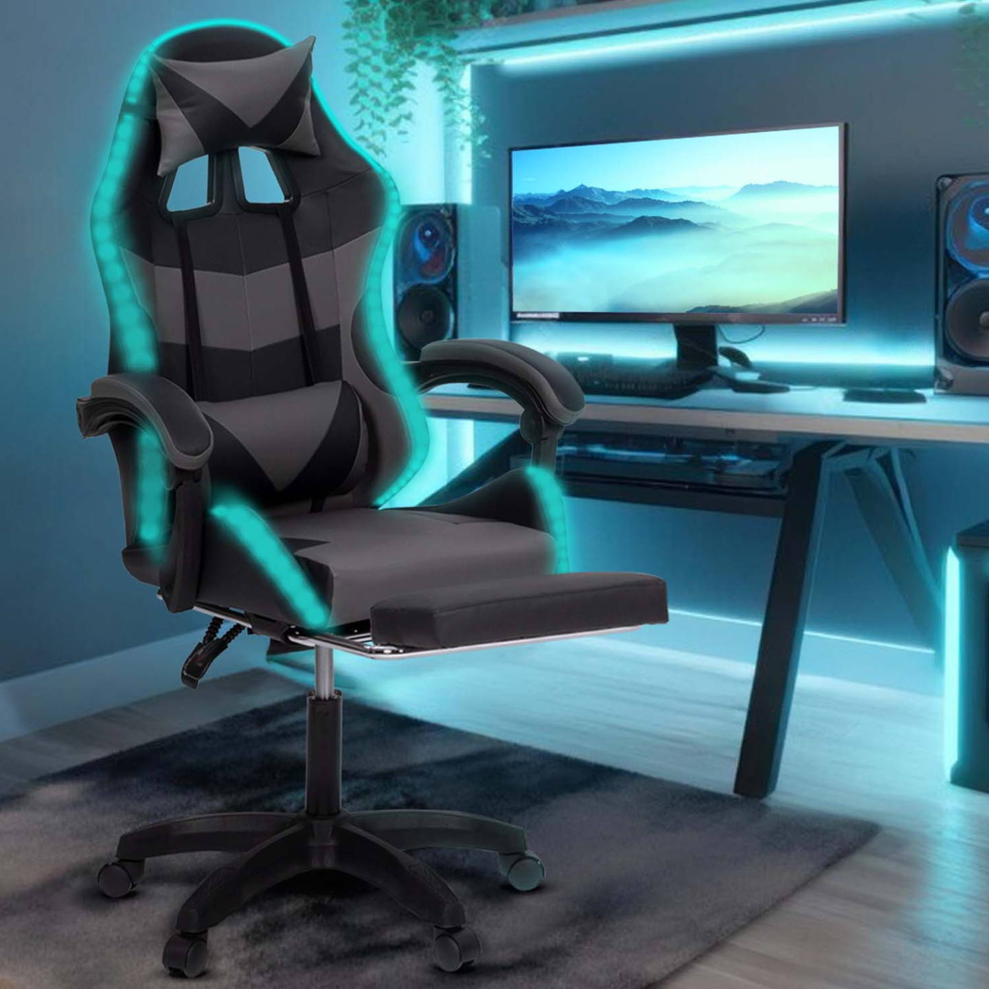 Silla gaming LED negra y gris con reposapiés, reposacabezas y