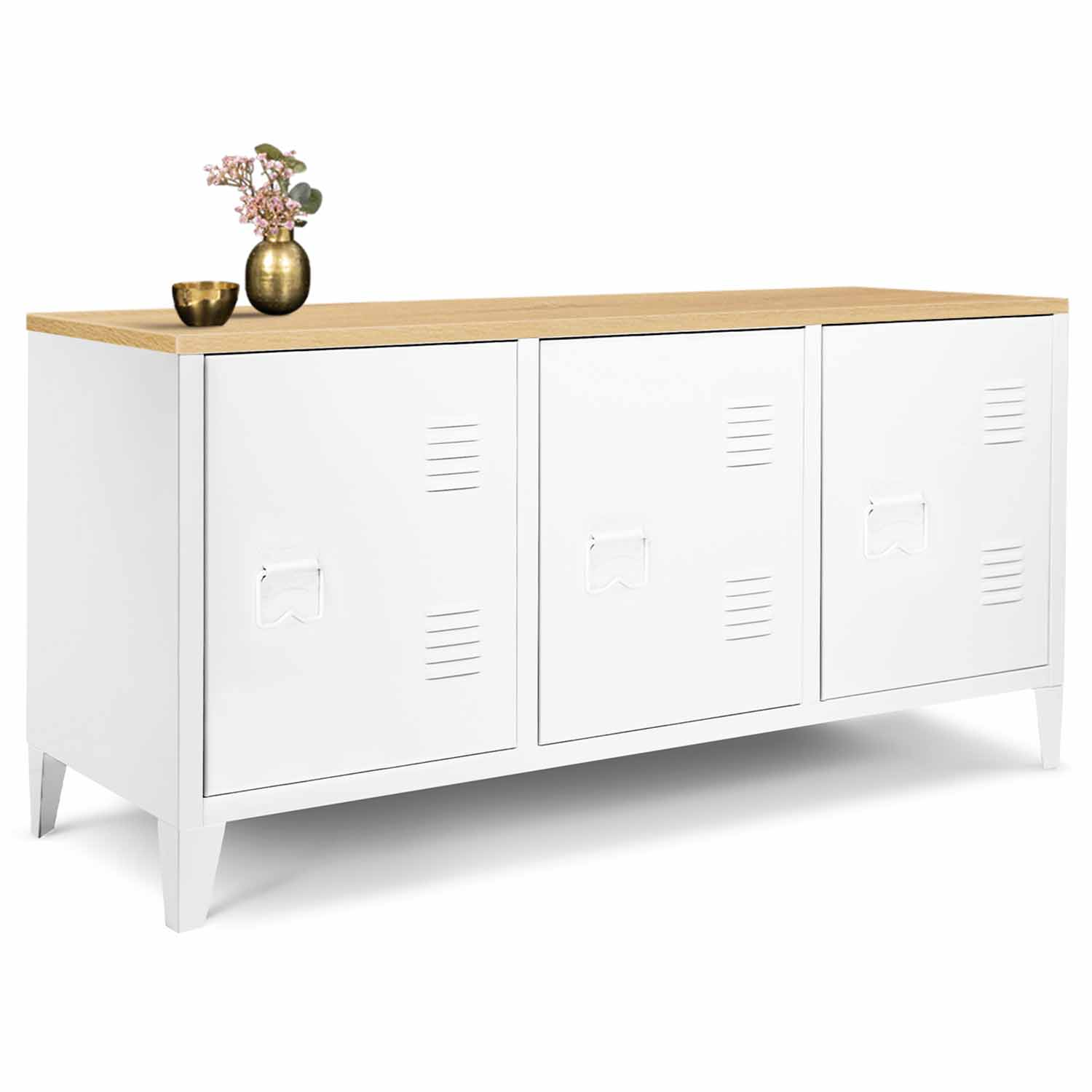 Buffet bas en métal blanc avec plateau de bois