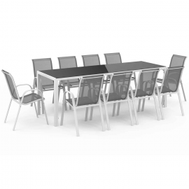 Salon de jardin MADRID table 240 CM et 10 chaises empilables blanc et gris