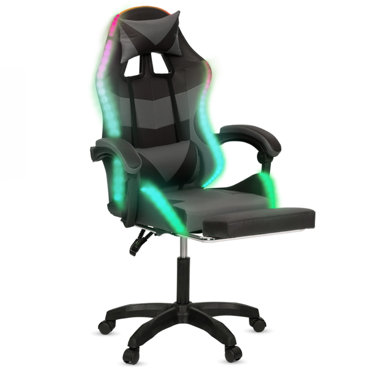 Fauteuil de gaming LED LUC avec repose-pied, coussin de tête et support lombaire noir et gris Fauteuil de gaming LED LUC avec repose-pied, coussin de tête et support lombaire noir et gris
