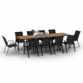 Salon de jardin MOOREA extensible table 135/270 cm plateau effet bois et 12 chaises empilables noir et bois