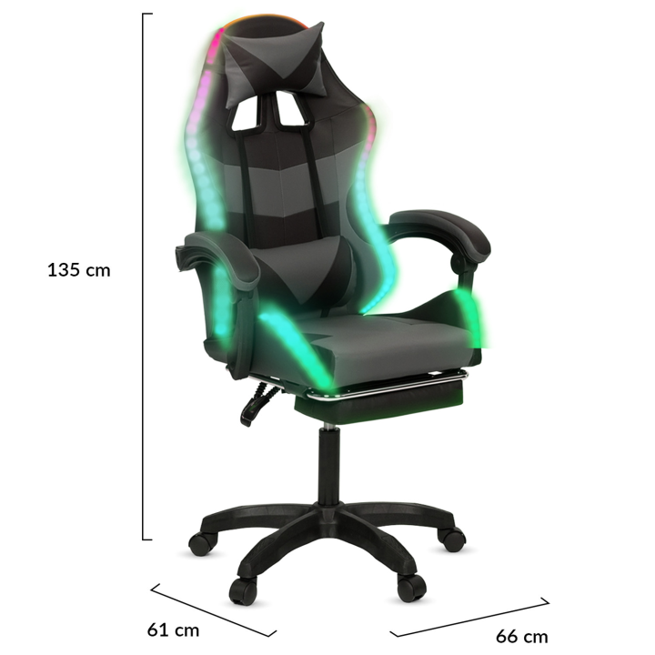 Fauteuil de gaming LED LUC avec repose-pied, coussin de tête et support lombaire noir et gris Fauteuil de gaming LED LUC avec repose-pied, coussin de tête et support lombaire noir et gris