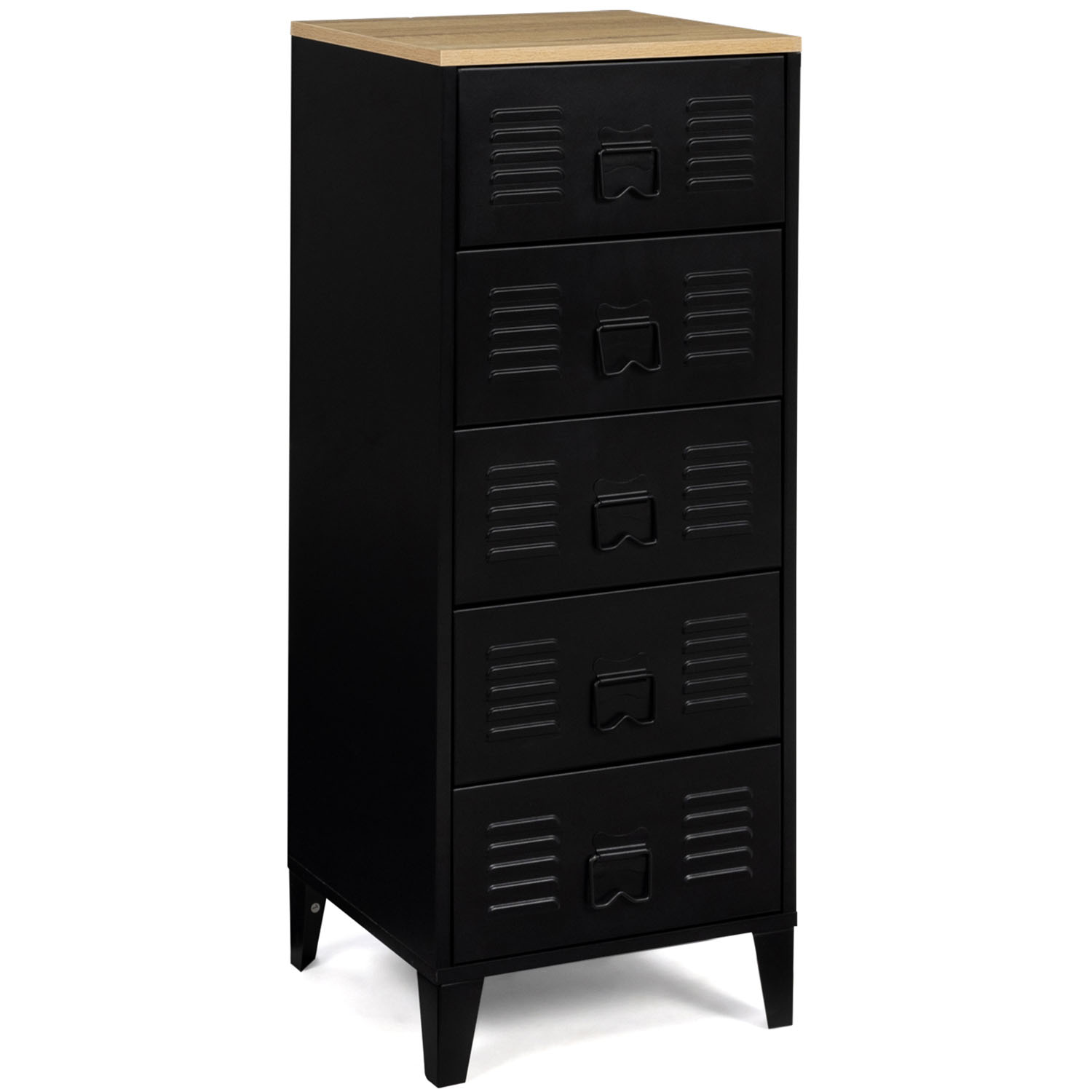 Chiffonnier industriel métal noir et imitation hêtre avec 5 tiroirs