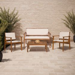 15951 - Salon de jardin bas en acacia avec coussins beige Salon de jardin bas JAKARTA 4 places en acacia avec coussins beige