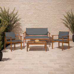 15952 - Salon de jardin bas en acacia avec coussins gris Salon de jardin bas JAKARTA 4 places en acacia avec coussins gris