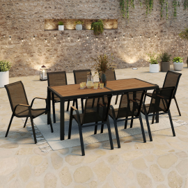 Salon de jardin NOUMEA table 190 cm plateau effet bois et 8 chaises empilables noir et bois