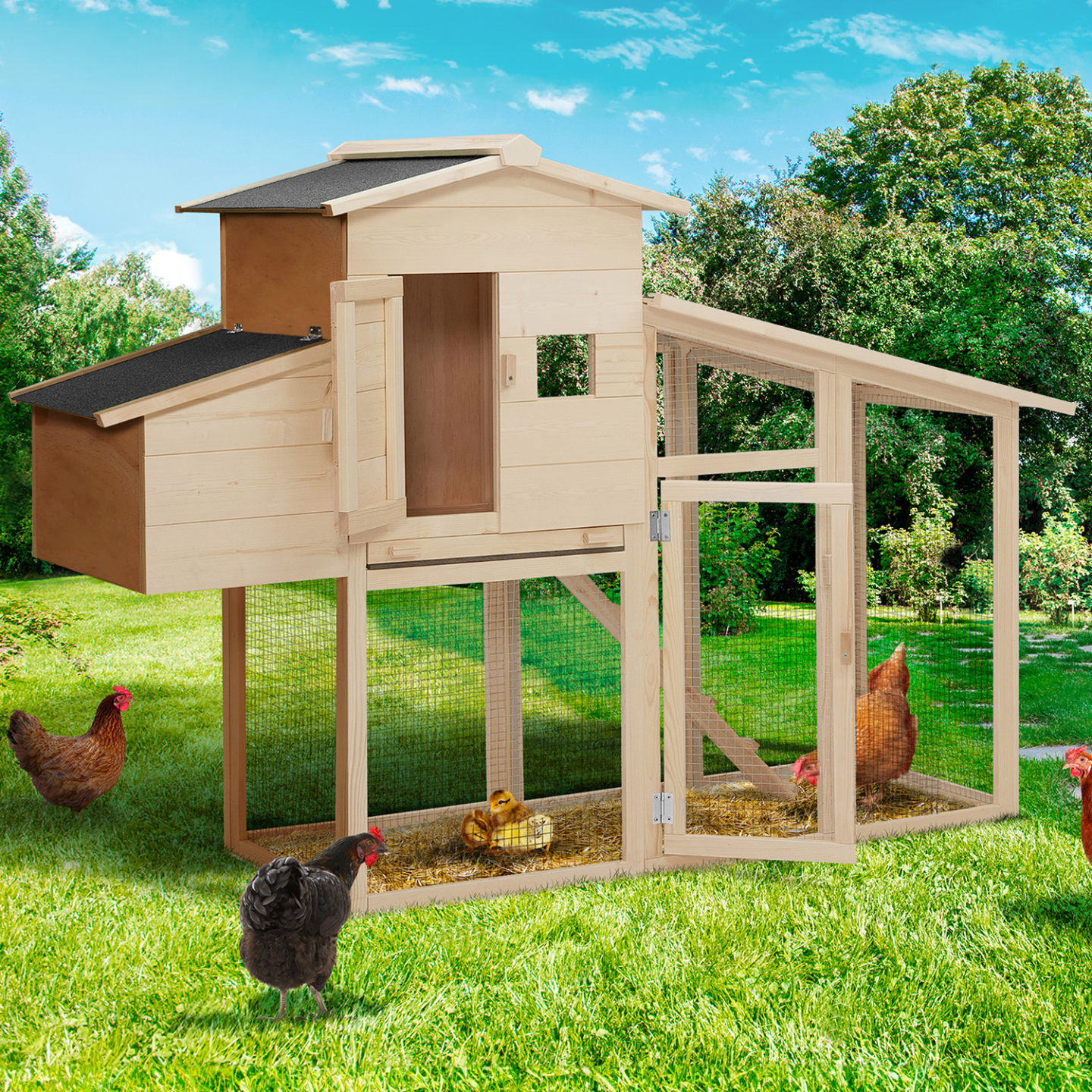 Un poulailler en bois, installé dans un jardin, accueillant des poules et des poussins