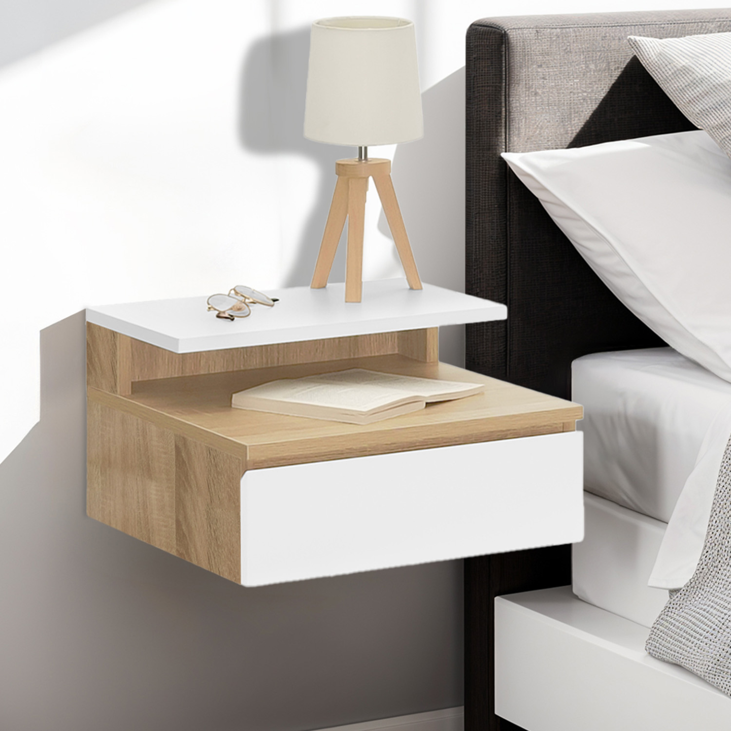 Tables de chevet suspendues bois et blanches avec tiroirs - TOMI ...
