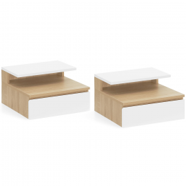 Lot de 2 tables de chevet murales TOMI étagère suspendue + 1 tablette bois façon hêtre et tiroir blanc