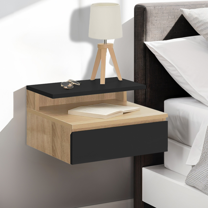 Lot de 2 tables de chevet murales TOMI étagère suspendue + 1 tablette bois façon hêtre et tiroir noir Lot de 2 tables de chevet murales TOMI étagère suspendue + 1 tablette bois façon hêtre et tiroir noir