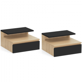 Lot de 2 tables de chevet murales TOMI étagère suspendue + 1 tablette bois façon hêtre et tiroir noir