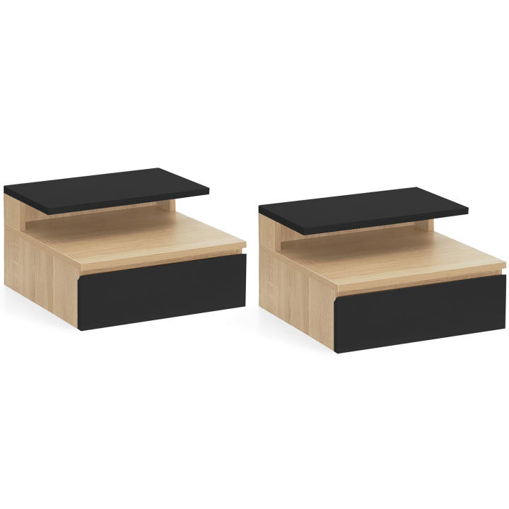 Lot de 2 tables de chevet murales TOMI étagère suspendue + 1 tablette bois façon hêtre et tiroir noir Lot de 2 tables de chevet murales TOMI étagère suspendue + 1 tablette bois façon hêtre et tiroir noir