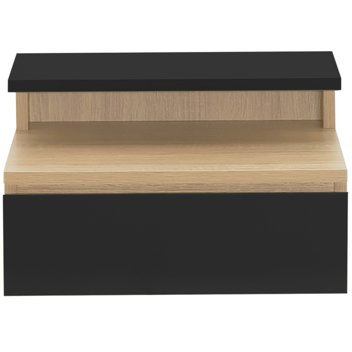 Lot de 2 tables de chevet murales TOMI étagère suspendue + 1 tablette bois façon hêtre et tiroir noir Lot de 2 tables de chevet murales TOMI étagère suspendue + 1 tablette bois façon hêtre et tiroir noir