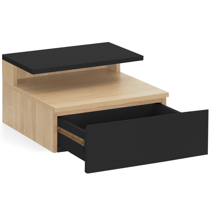 Lot de 2 tables de chevet murales TOMI étagère suspendue + 1 tablette bois façon hêtre et tiroir noir Lot de 2 tables de chevet murales TOMI étagère suspendue + 1 tablette bois façon hêtre et tiroir noir