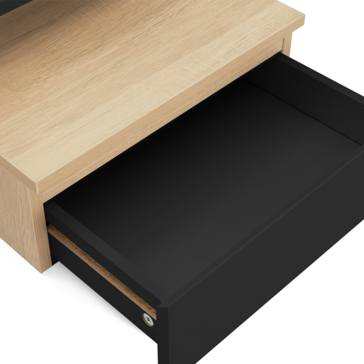 Lot de 2 tables de chevet murales TOMI étagère suspendue + 1 tablette bois façon hêtre et tiroir noir Lot de 2 tables de chevet murales TOMI étagère suspendue + 1 tablette bois façon hêtre et tiroir noir