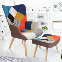 16017 - Poltrona scandinava stampata in pied de poule multicolore con poggiapiedi Fauteuil scandinave IVAR avec repose pieds en tissu patchwork multicouleurs et imprimé pied de poule