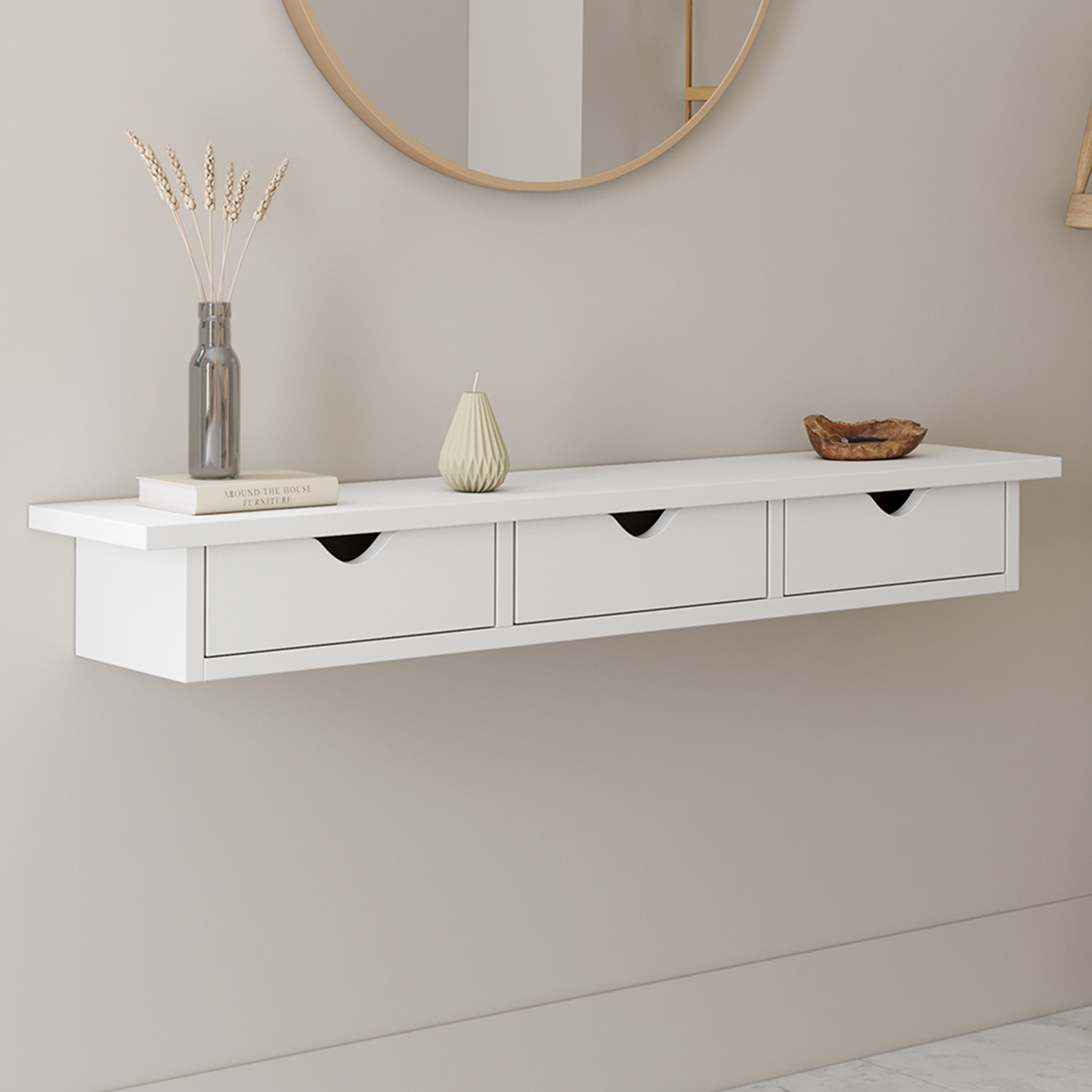 Étagère murale console d'entrée bois blanc 3 tiroirs